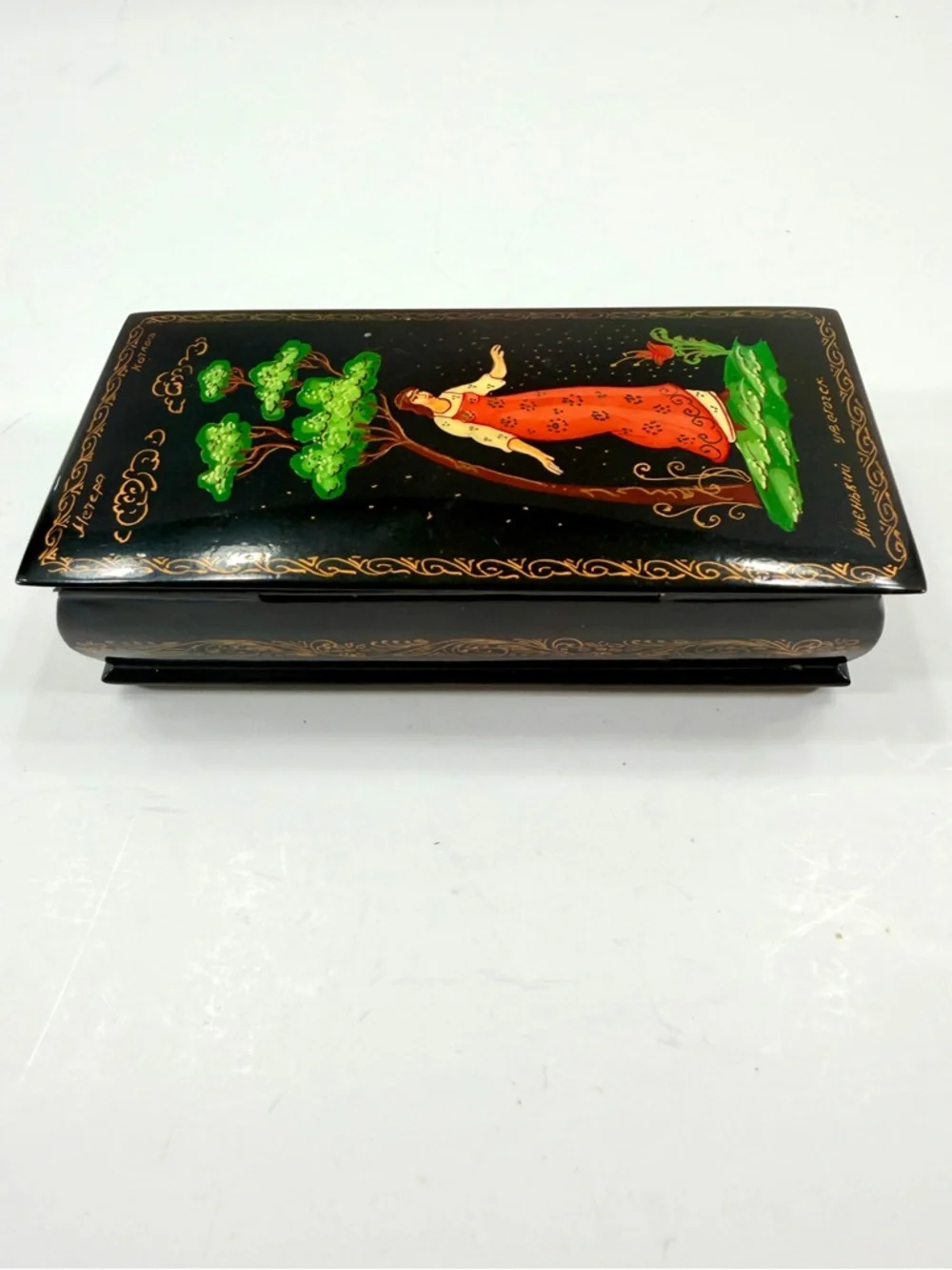 USSR Russian Palekh Lacquer Miniature Box Hand Painted, Fairy Tale Artist Signed
